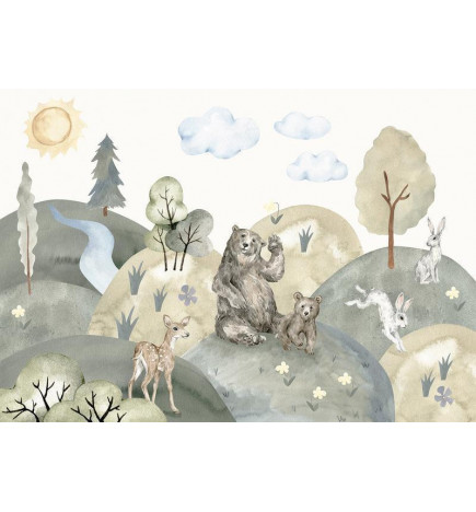 Fototapeet - Green Hills - a Valley With Animals Painted in Watercolours