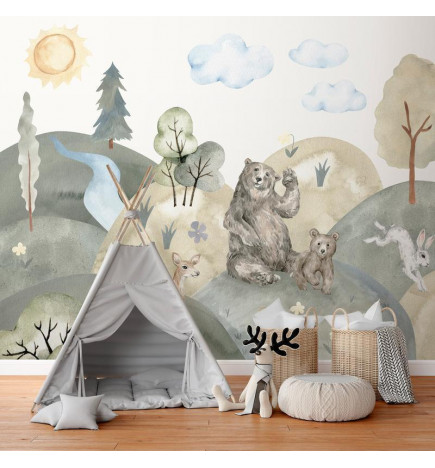 Wall Mural - Green Hills - a Valley With Animals Painted in Watercolours