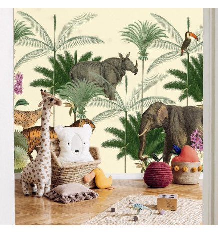 Fotobehang - Jungle Land With Animals in the Style of Old Engravings