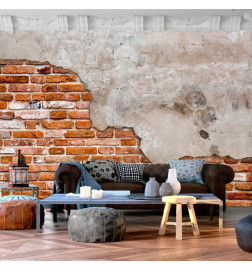 Fotobehang - Eclectic masonry - slabs of textured concrete on a background of red bricks