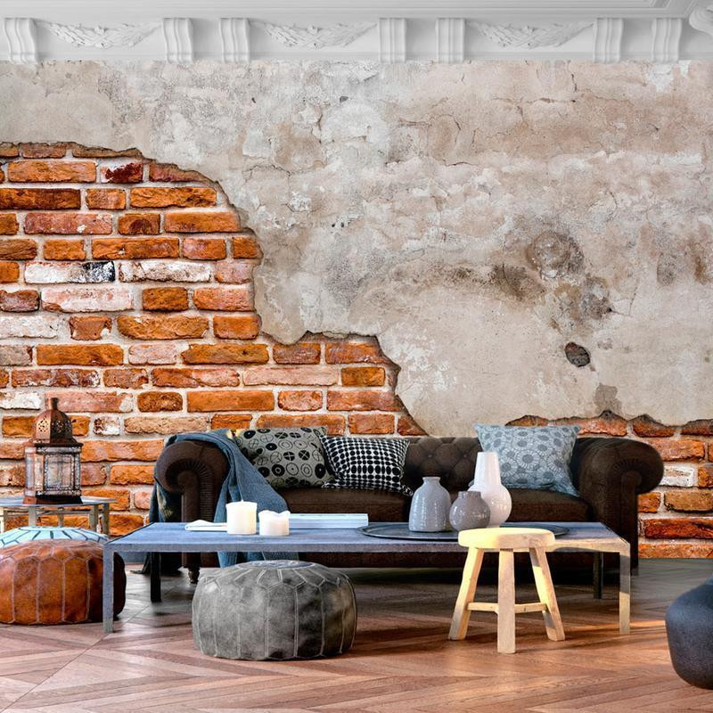 34,00 € Fotobehang - Eclectic masonry - slabs of textured concrete on a background of red bricks
