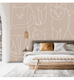 Fotobehang - Cat lineart - minimalist sketches of white cats on beige background