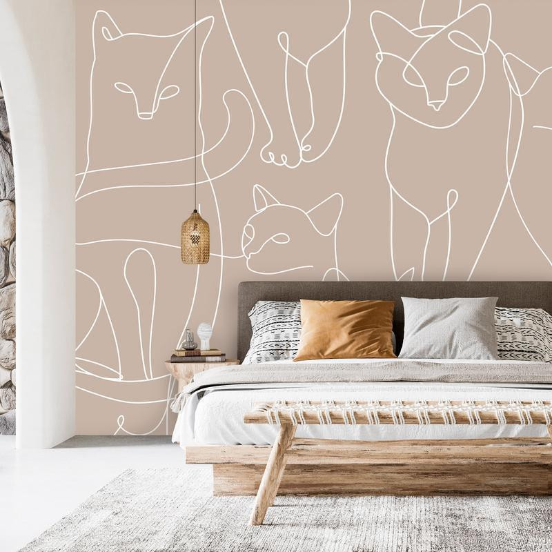 34,00 € Fotomural - Cat lineart - minimalist sketches of white cats on beige background