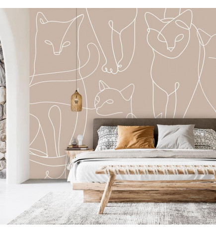 Mural de parede - Cat lineart - minimalist sketches of white cats on beige background