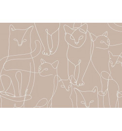 Fotomural - Cat lineart - minimalist sketches of white cats on beige background