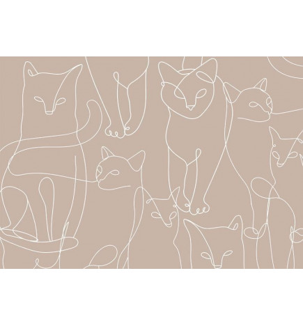 Fotomural - Cat lineart - minimalist sketches of white cats on beige background