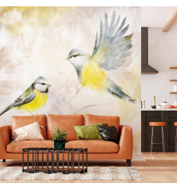 Wall Mural - Painted tits - bird motif with patterns in yellow and beige tones