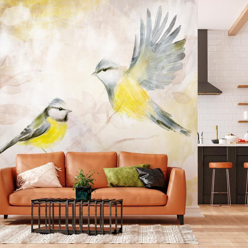 34,00 € Fotobehang - Painted tits - bird motif with patterns in yellow and beige tones