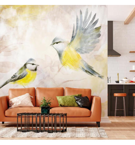34,00 € Fototapete - Painted tits - bird motif with patterns in yellow and beige tones