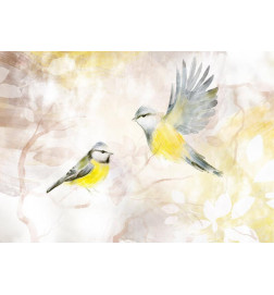 Fotomural - Painted tits - bird motif with patterns in yellow and beige tones
