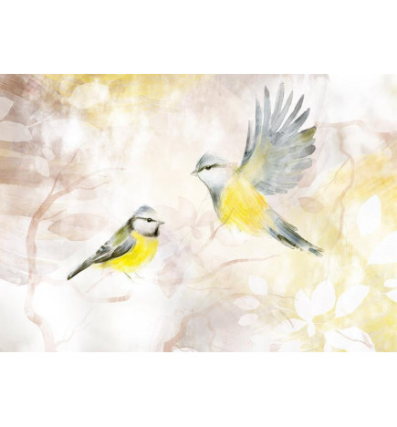 Papier peint - Painted tits - bird motif with patterns in yellow and beige tones