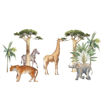 Mural de parede - Jungle Animals on White Background Made With Watercolour Technique