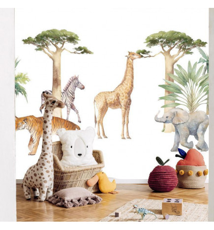 Wall Mural - Jungle Animals on White Background Made With Watercolour Technique