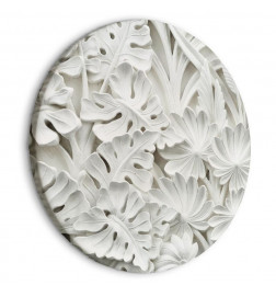 Round Canvas Print - Carved Nature - Pattern With White Leaves Made of Stone