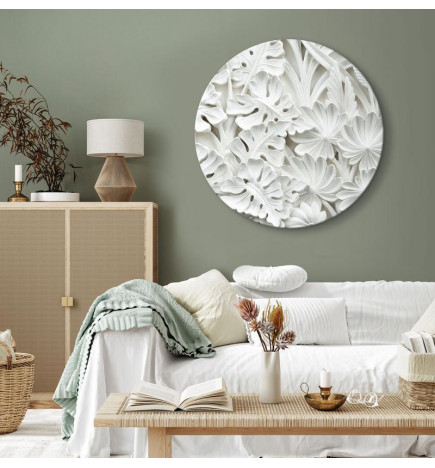 Quadro rotondo - Carved Nature - Pattern With White Leaves Made of Stone