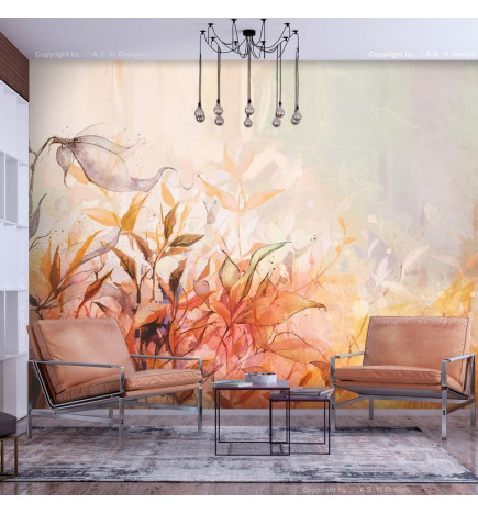 Wall Mural - Flaming meadow - nature landscape with meadow of flowers and leaves in watercolour style