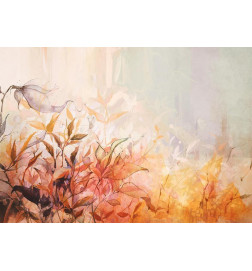Mural de parede - Flaming meadow - nature landscape with meadow of flowers and leaves in watercolour style