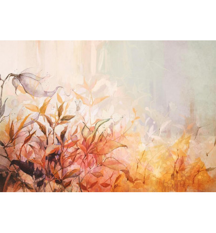 Mural de parede - Flaming meadow - nature landscape with meadow of flowers and leaves in watercolour style