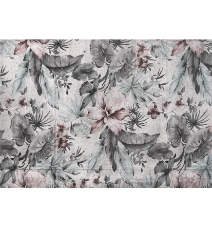 Mural de parede - Nature in retro style - landscape with leaves and flowers in grey tones