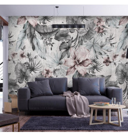 Wall Mural - Nature in retro style - landscape with leaves and flowers in grey tones