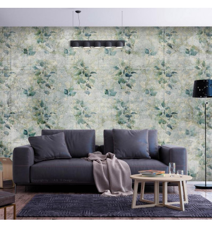 Wall Mural - Mint tones - green leaf bouquets on a retro patterned background