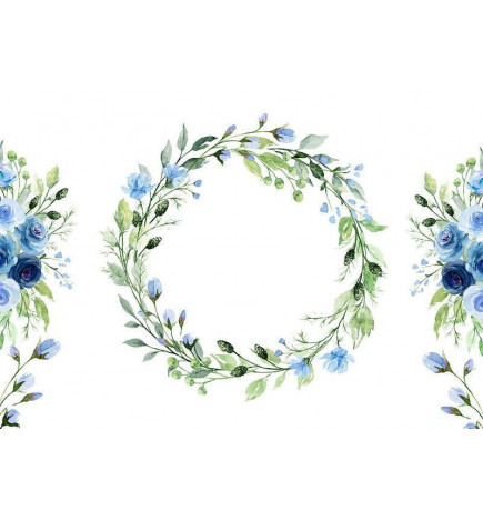Foto tapete - Romantic wreath - plant motif with blue flowers and leaves