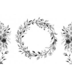 Papier peint - Romantic wreath - grey plant motif with leaves with rose pattern