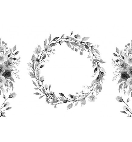 Foto tapete - Romantic wreath - grey plant motif with leaves with rose pattern