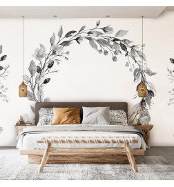Fotobehang - Romantic wreath - grey plant motif with leaves with rose pattern