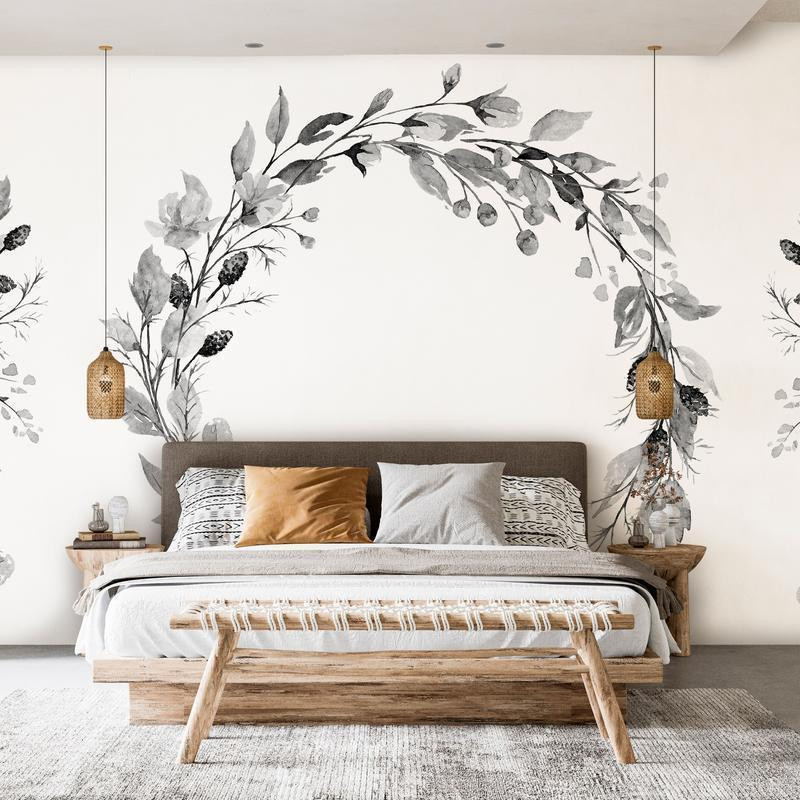 34,00 € Wall Mural - Romantic wreath - grey plant motif with leaves with rose pattern
