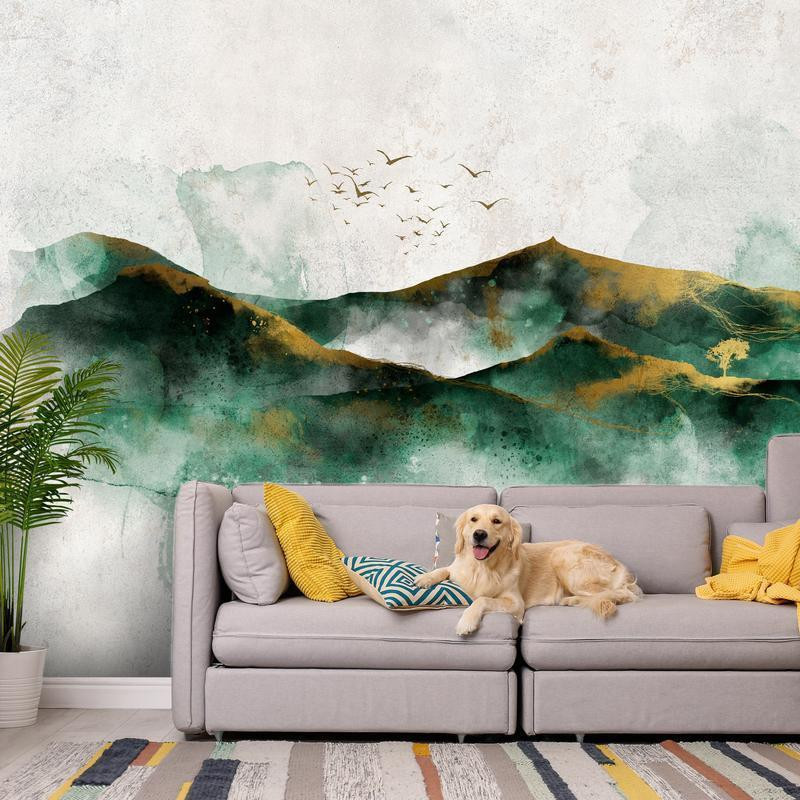 41,00 € Wall Mural - Abstract landscape - green mountains with golden patterns and birds