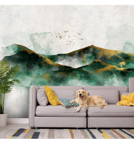 Mural de parede - Abstract landscape - green mountains with golden patterns and birds