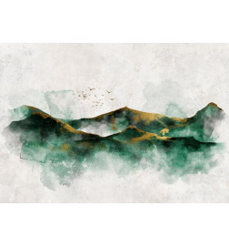Fotomural - Abstract landscape - green mountains with golden patterns and birds
