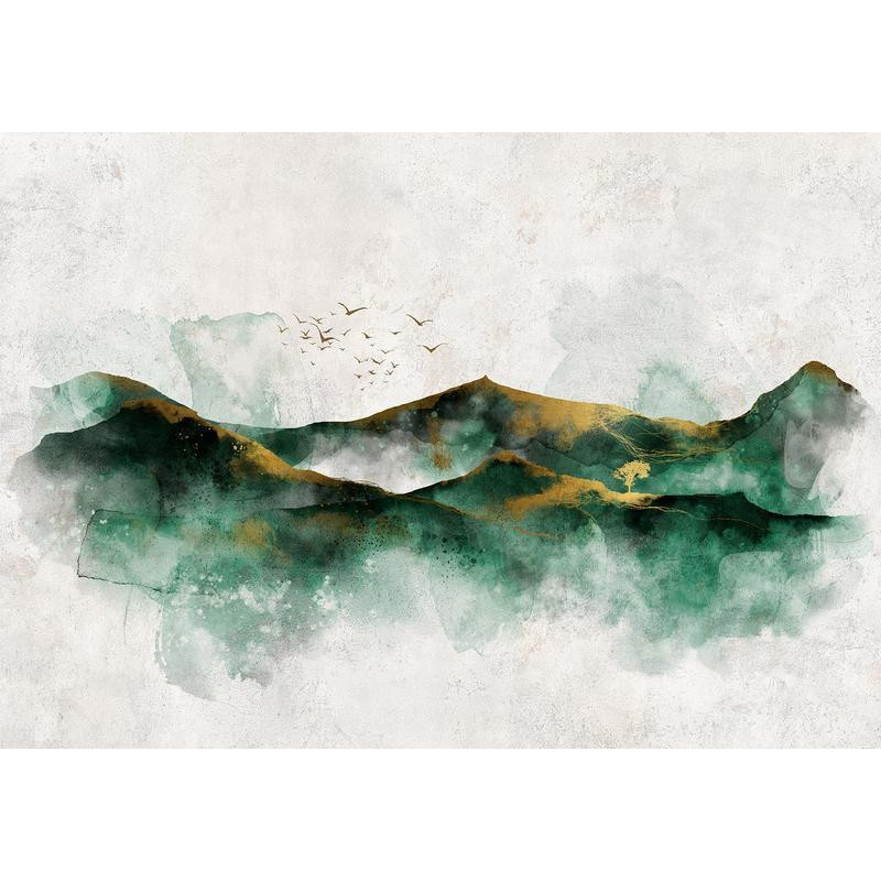 41,00 € Fotobehang - Abstract landscape - green mountains with golden patterns and birds