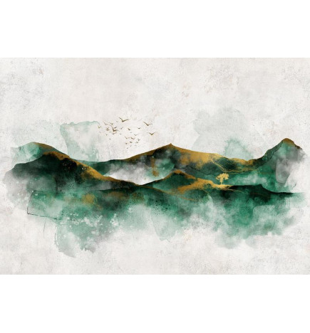 Foto tapete - Abstract landscape - green mountains with golden patterns and birds