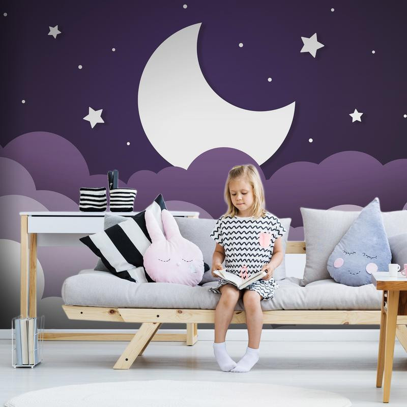 34,00 €Carta da parati per bambini - Moon dream - clouds in a purple sky with stars for children