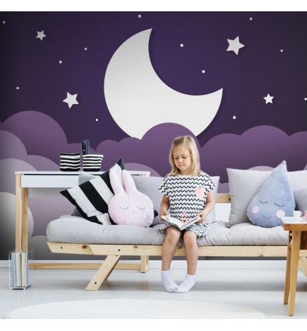 Fototapet - Moon dream - clouds in a purple sky with stars for children