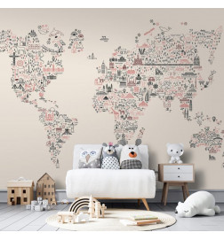 Fotobehang - Map With Icons - Cartoon Representation of the World in Pastel Colours