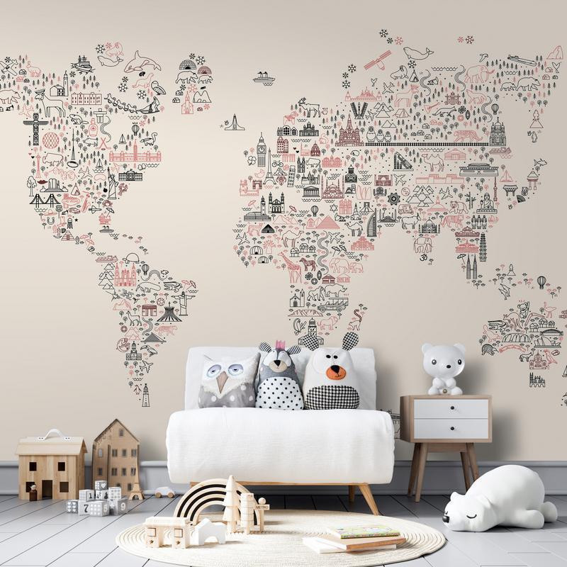 34,00 € Fotomural - Map With Icons - Cartoon Representation of the World in Pastel Colours