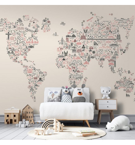 Fototapete - Map With Icons - Cartoon Representation of the World in Pastel Colours