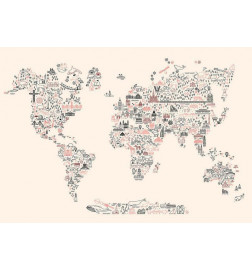 Fototapeet - Map With Icons - Cartoon Representation of the World in Pastel Colours