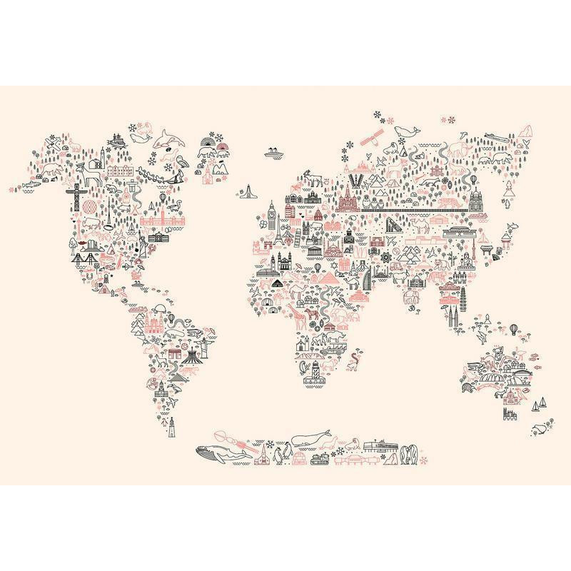 34,00 € Fotomural - Map With Icons - Cartoon Representation of the World in Pastel Colours