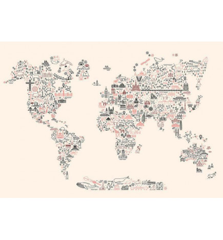 Fotobehang - Map With Icons - Cartoon Representation of the World in Pastel Colours