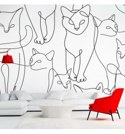 Fototapeet - Cat lineart - minimalist sketches of black cats on white background