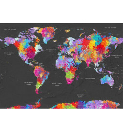 Fotobehang - World map - coloured continents with names in English on a grey background