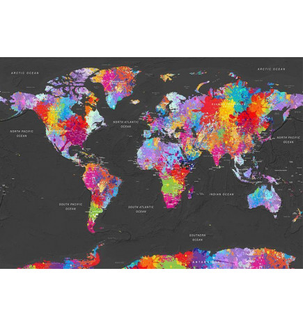 Fototapeet - World map - coloured continents with names in English on a grey background