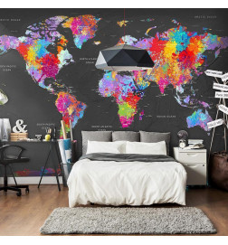 Wall Mural - World map - coloured continents with names in English on a grey background