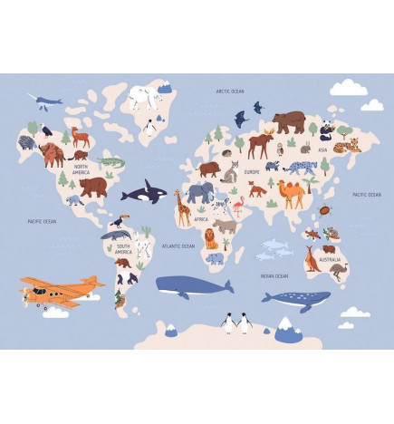 Mural de parede - World Map With Animal Illustrations