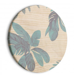 Quadro rotondo - Palm trees behind the mist - Showy palm leaves in a soft shade of green on a slightly wavy sand backgro