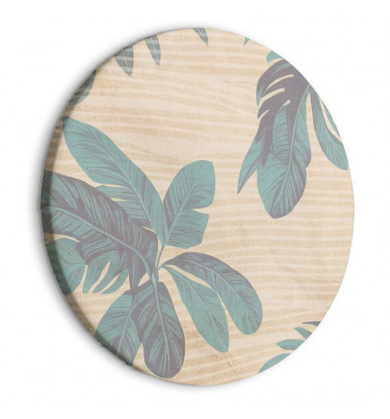 Quadro redondo - Palm trees behind the mist - Showy palm leaves in a soft shade of green on a slightly wavy sand backgro